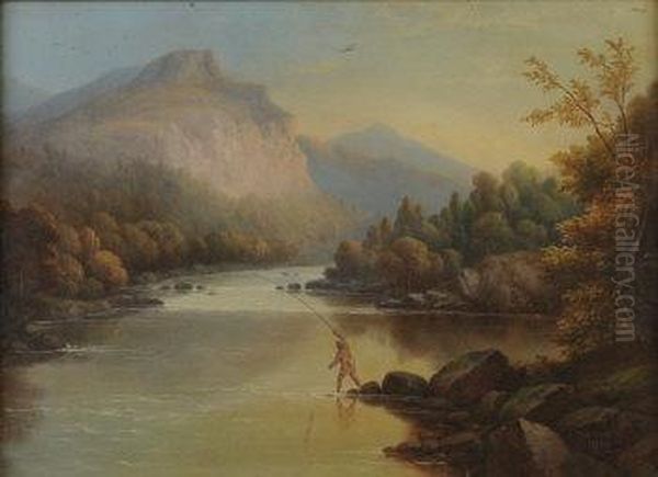 River Landscape With Solitary Fisherman Oil Painting by James Burras