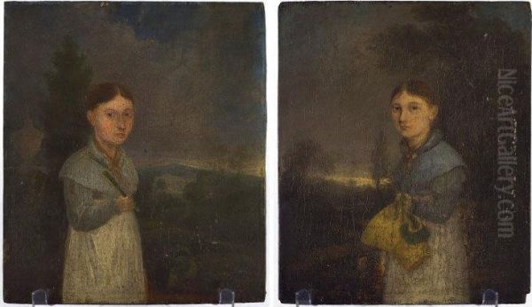 Naive Folk Portraits Of Margaret And Mary Hodgson Oil Painting by Thomas Burras