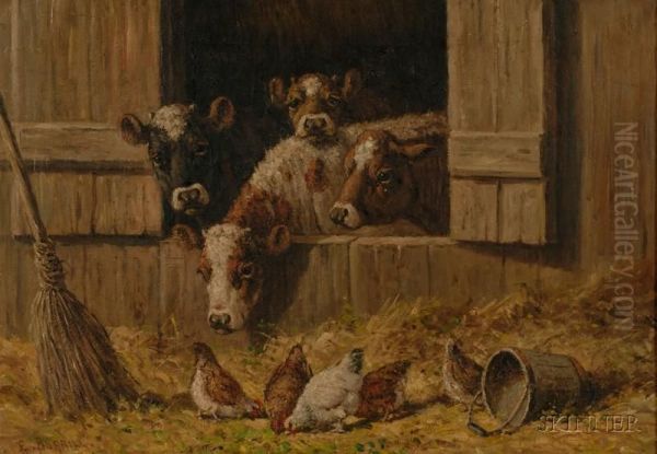 In The Barnyard Oil Painting by Edward E. Burrill