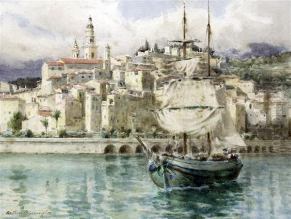 Ship In A Mediterranean Harbour Oil Painting by Arthur Alfred Burrington