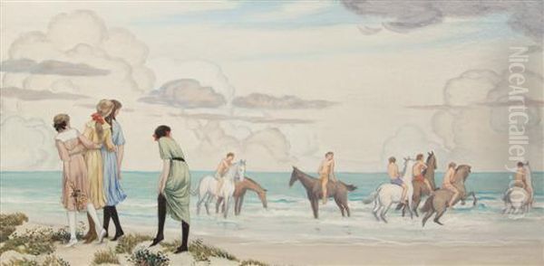 Girls And Horses On Beach Oil Painting by Bryson Burroughs