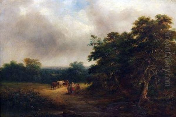 Figures And Cattle In Wooded Landscape Oil Painting by Robert Burrows