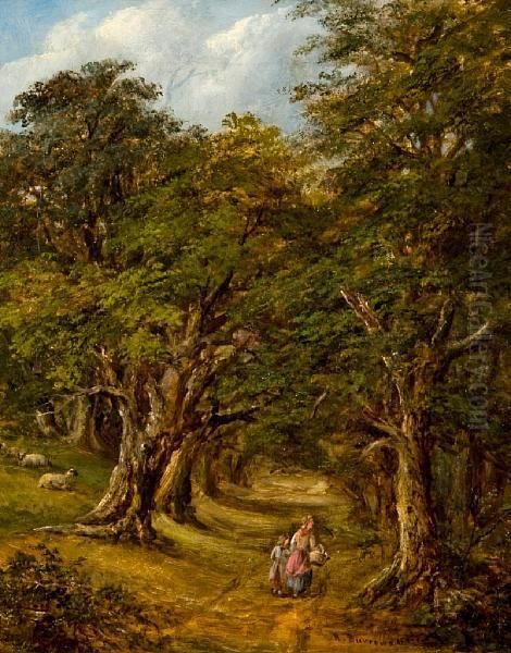 Mother And Child In A Wooded Grove Oil Painting by Robert Burrows