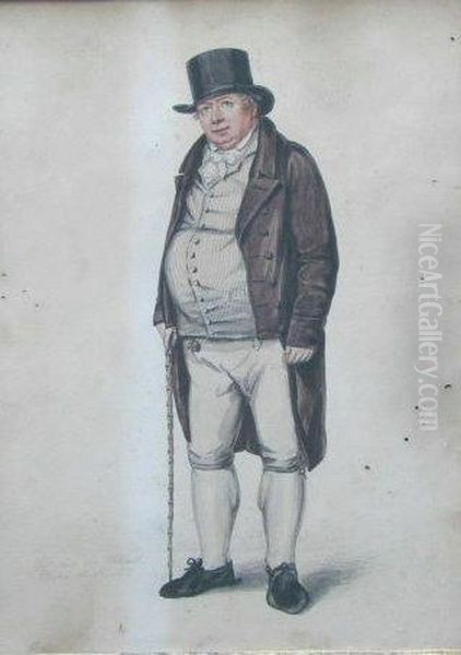 Portrait Of A Gentleman With A Walking Cane,
Full Length,
In Striped Waistcoat And Brown Overcoat Oil Painting by Albin Roberts Burt