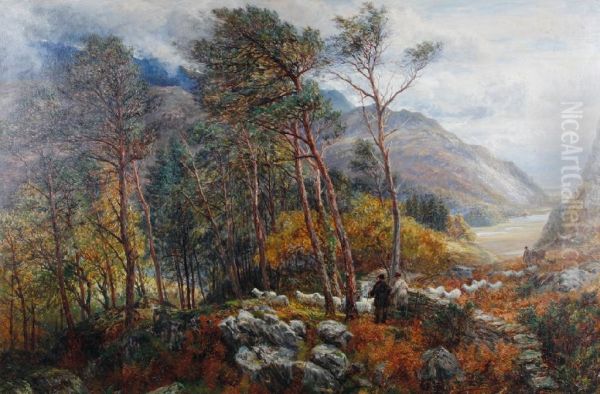 Figures And Sheep On A Woodland Path With A Mountainous Landscape Beyond Oil Painting by Charles Thomas Burt