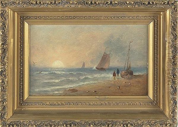 Shore Scene At Sunrise With Several Boats Heading Offshore by Henry Proctor Burt