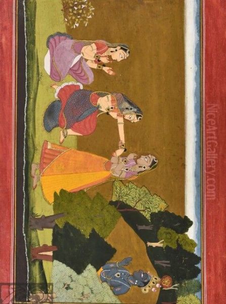 Friends persuading hesitant Radha to enter the bower of love where Krishna awaits her Oil Painting by Manaku