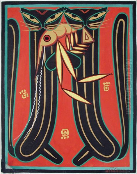 Two cats holding a large prawn Oil Painting by Jamini Roy