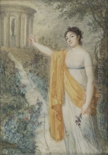 Portrait de Mademoiselle Fanny Charrin, eleve du miniaturiste, designant un temple de l'Amitie Oil Painting by Jean-Baptiste Jacques Augustin