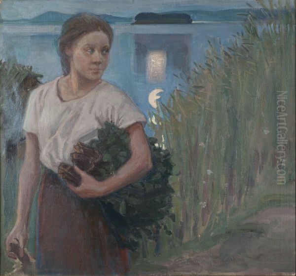 Saunatytto Oil Painting by Akseli Gallen-Kallela