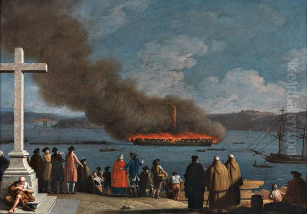 Incendio da Fragata Graca Divina e S. Joao Baptista Oil Painting by Joaquim Manuel da Rocha