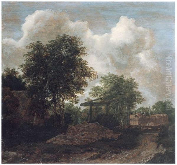 Bosachtig landschap met een huis in aanbouw bij een ophaalbrug Oil Painting by Jacob Van Ruisdael