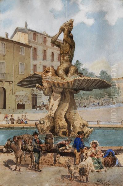 Fontana del Tritone auf der piazza Barberini Oil Painting by unknown