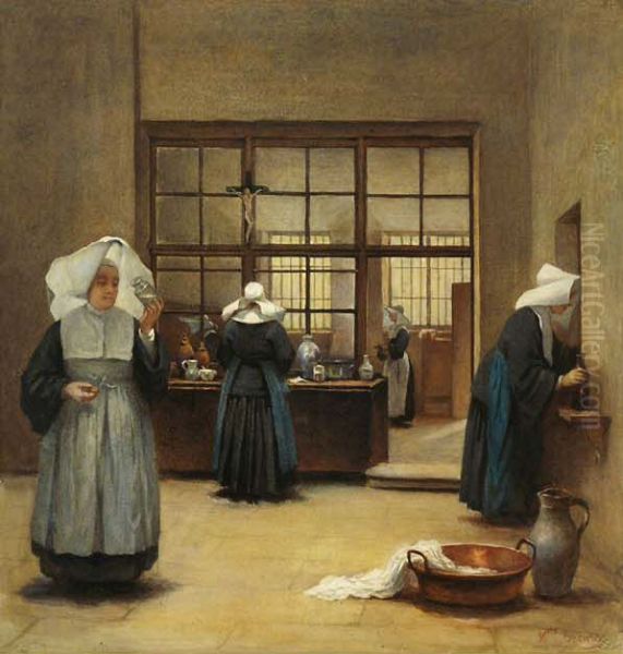 The Couvent DispensaryorNuns at Work in the Cloister Oil Painting by Henriette Browne