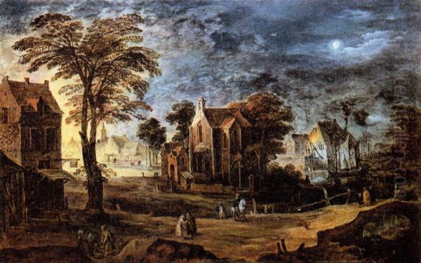 Village at Full Moon Oil Painting by Joos de Momper the Younger