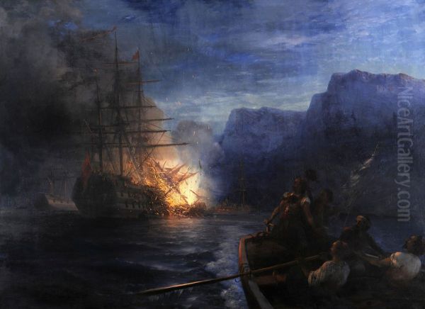 The Burning of the Turkish Flagship byKanaris Oil Painting by Ivan Aivazovsky