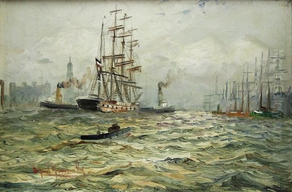 Ansicht vom Hamburger Hafen mit Dreimaster und Schlepper Oil Painting by Alfred Jensen