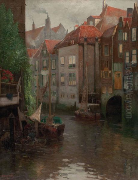 Boats in a Gracht Oil Painting by Adolf Kaufmann