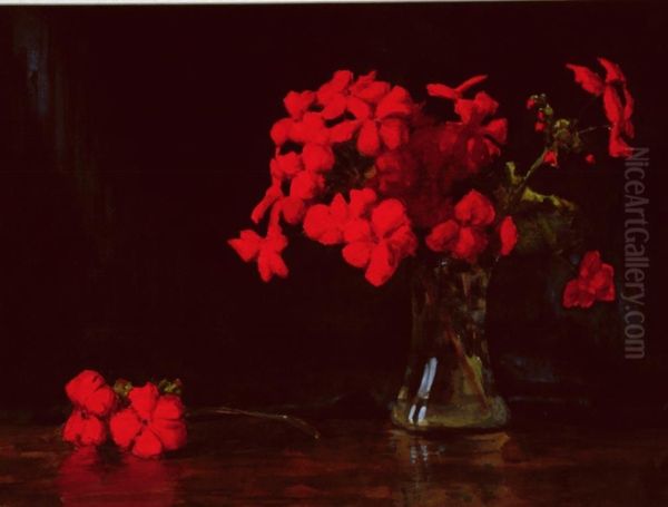 Untitled (Red geraniums) Oil Painting by Vivian Smith