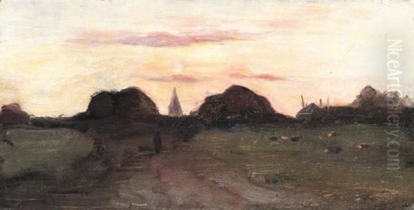 Field with church tower and haystack Oil Painting by Piet Mondrian