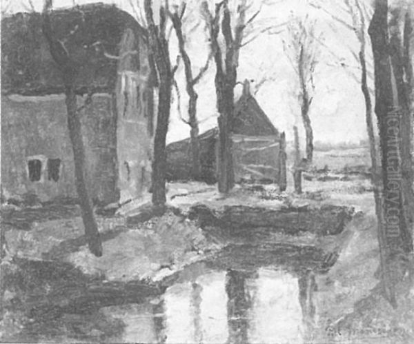 Farm buildings with trees and water ditch Oil Painting by Piet Mondrian