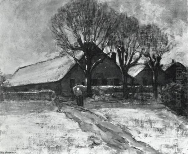 Winter landscape with three farm buildings Oil Painting by Piet Mondrian