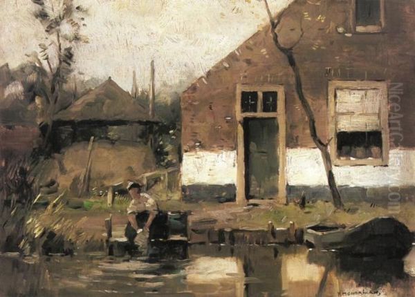 Truncated view of a gabled house facade on a canal Oil Painting by Piet Mondrian