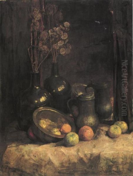 Still life with mirror, containers, honesty and fruit Oil Painting by Piet Mondrian