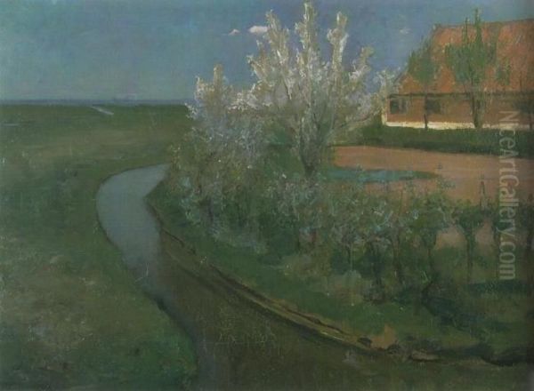 Curved irrigation ditch bordering farmyard with flowering trees Oil Painting by Piet Mondrian