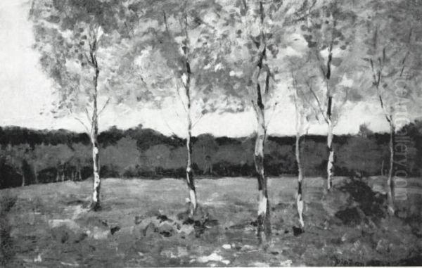 Six young birch trees in a field Oil Painting by Piet Mondrian