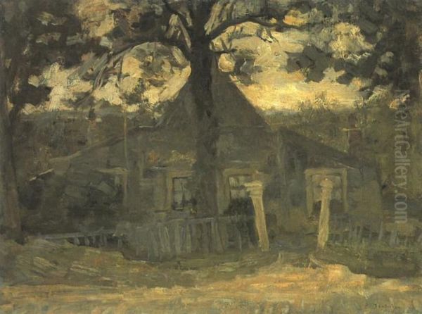 Gabled farmhouse facade with tree, fence and gateposts in front Oil Painting by Piet Mondrian