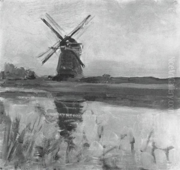 Oostzijdse mill, oil sketch in square format Oil Painting by Piet Mondrian