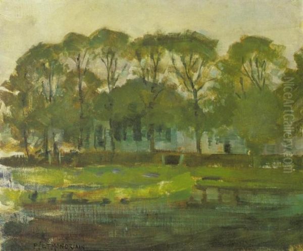 Farmhouse along the water shielded by arch of trees II Oil Painting by Piet Mondrian