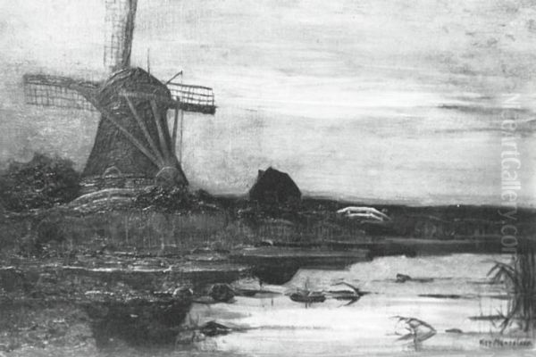 Oostzijdse mill from downstream with evenly streaked sky Oil Painting by Piet Mondrian