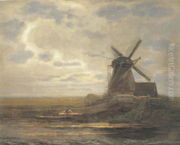 Oostzijdse mill with panoramic sunset, mill at right Oil Painting by Piet Mondrian