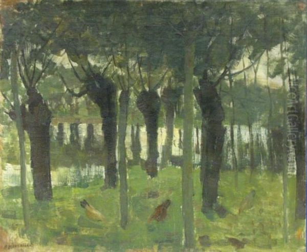 Willow grove near the water with chickens Oil Painting by Piet Mondrian