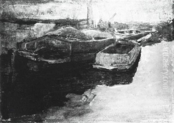 Moored tjalk and other barges Oil Painting by Piet Mondrian