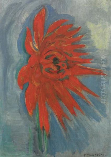 Red chryanthemum on blue background Oil Painting by Piet Mondrian