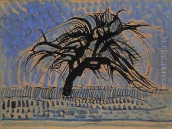 Apple tree in blue Oil Painting by Piet Mondrian