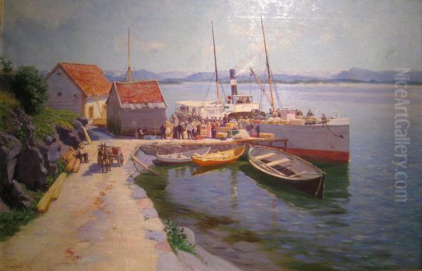 The local steamer at the pier Oil Painting by Johannes Grimelund