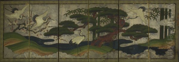 Screen painting of four cranes (three flying), with flowing water, bamboo, and cherry blossoms. Oil Painting by unknown