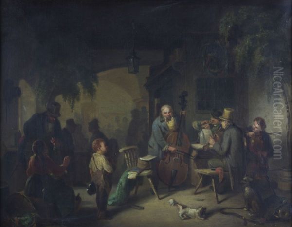 Strolling Musicians in an Inn Garden. Oil Painting by unknown