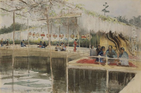 A Japanese Tea-House Oil Painting by Ralph Wormeley Curtis