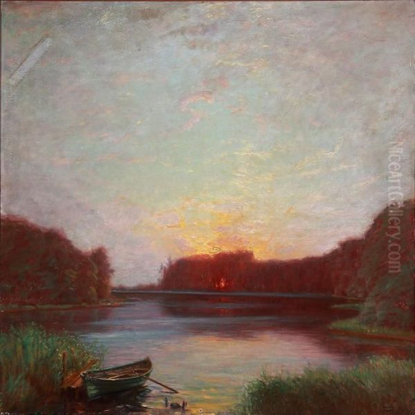 Sunset Over A Forest Lake Oil Painting by Peter Busch