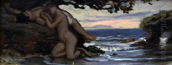 Sketch for End of Story of the Fisherman's Mermaid Oil Painting by Elihu Vedder