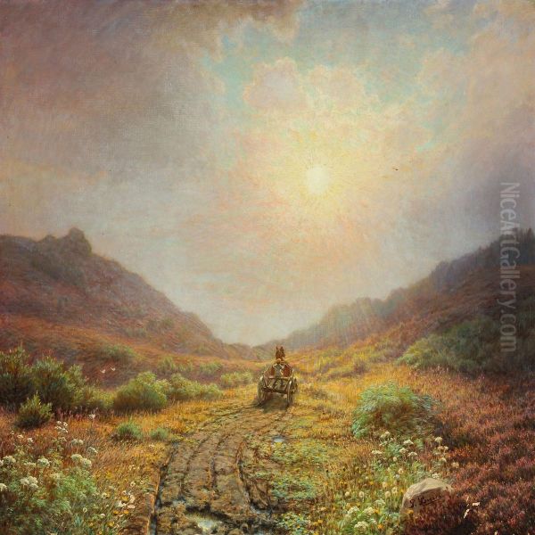 Heather Landscape With Boy In A Cart Oil Painting by Peter Busch