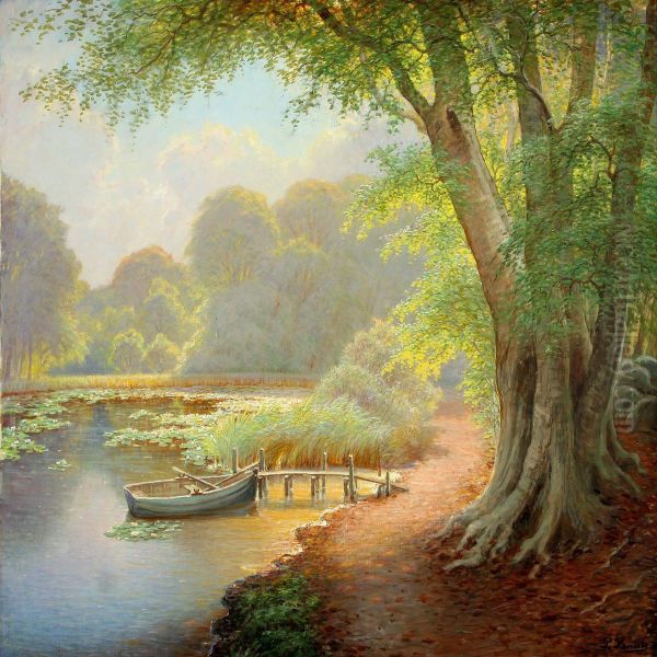 Forest Scenery With Lake And Rowing Boat At A Jetty Oil Painting by Peter Busch