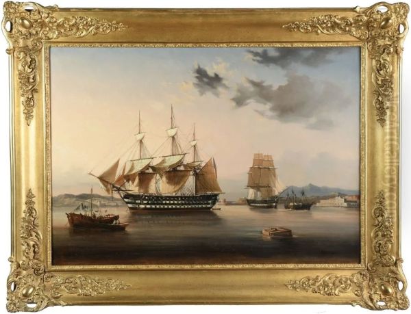 L'Etoile et La Belle Poule en port de Toulon par mer calme Oil Painting by Barthelemy Lauvergne