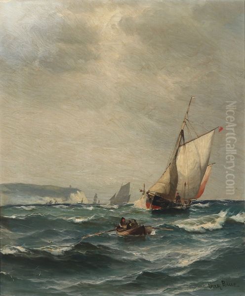 Seascape with numerous boats at Sea. Oil Painting by Vilhelm Bille