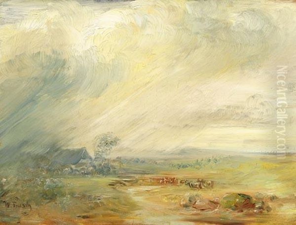 Grose Gewitterlandschaft Mit Bauernhaus, Kuhen Und Flusslauf Oil Painting by Wilhelm Busch